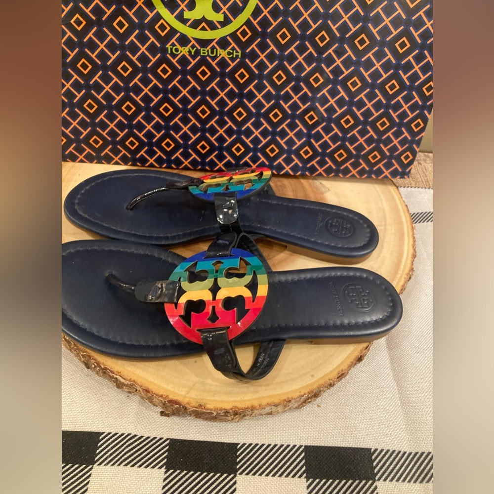 Tory Burch Miller Bright Rainbow Royal Navy Thong Sandals 8.5 Rt-298$ - Picture 7 of 8